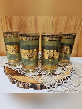 Vintage Culver Starlyte Green Gold Highball Drinking Glass Lot Bundle MCM 4 PC